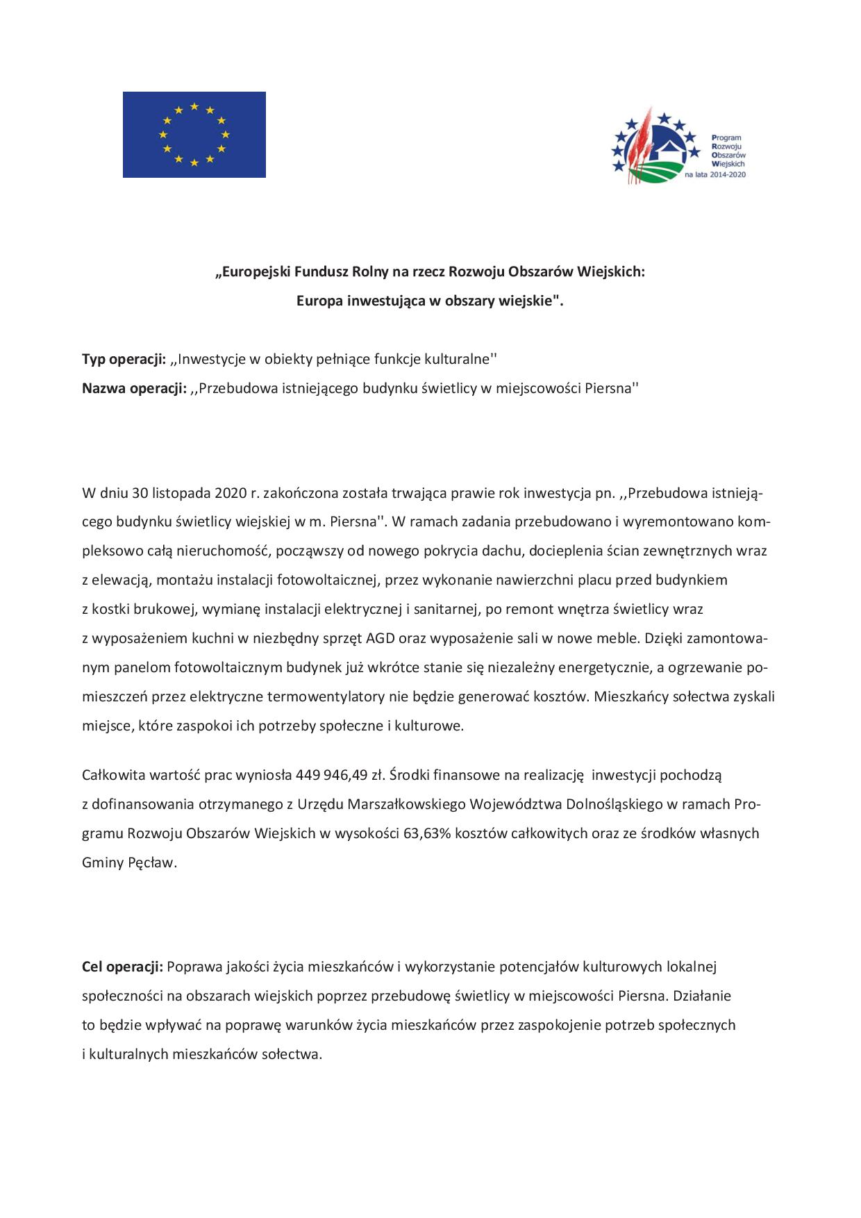 Zakończenie przebudowy świetlicy w&nbsp;miejscowości Piersna