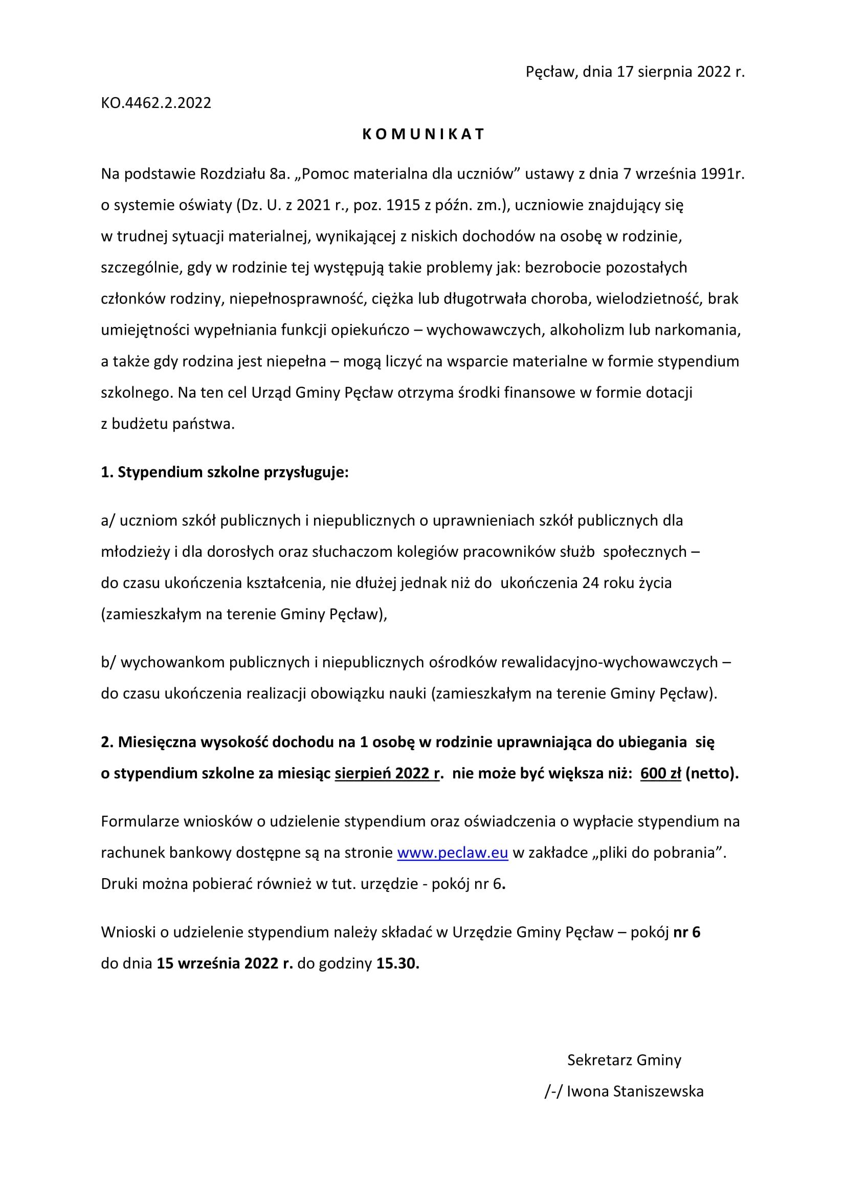 komunikat odnosnie pomocy materialnej dla uczniow