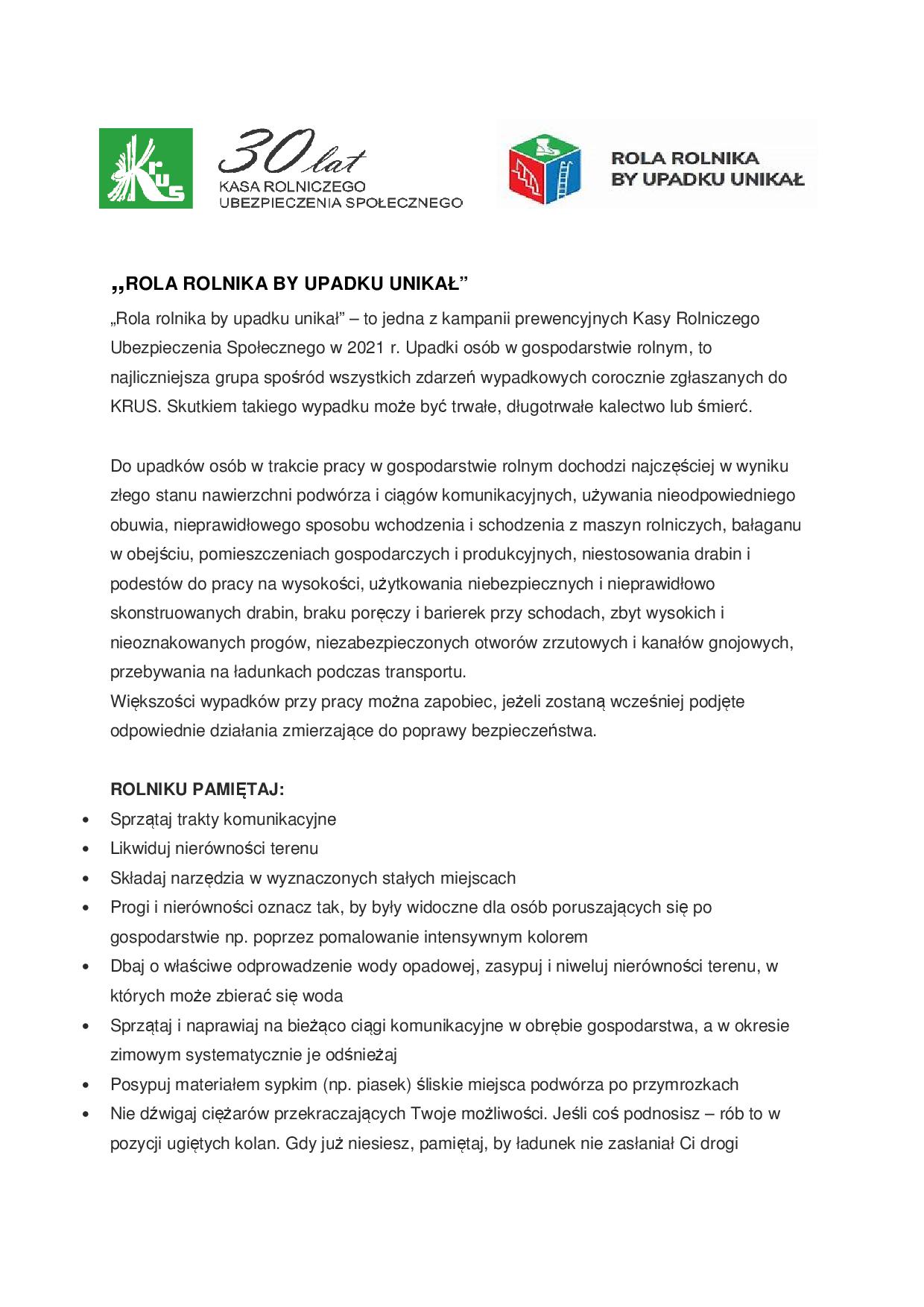 Kampania prewencyjna KRUS - „ROLA ROLNIKA BY UPADKU UNIKAŁ”