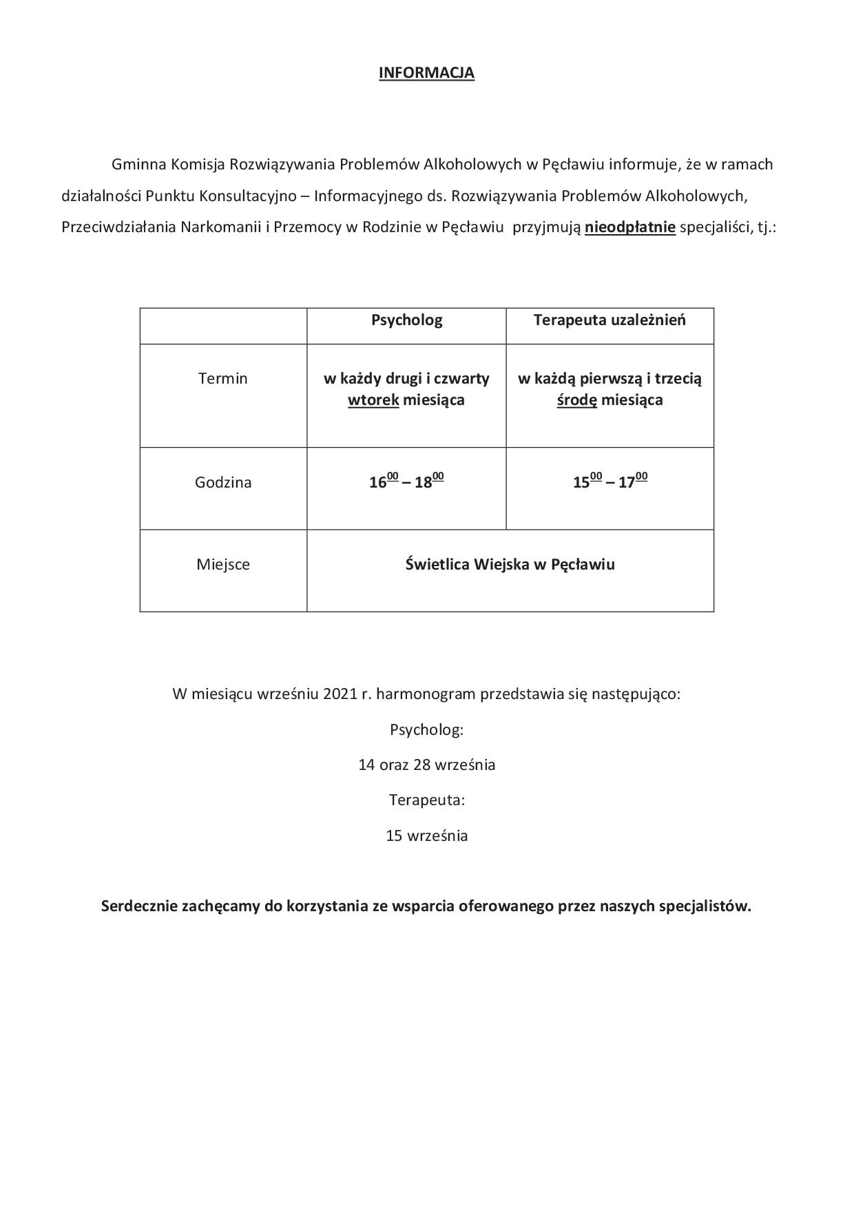 Informacja Gminnej Komisji Rozwiązywania Problemów Alkoholowych w Pęcławiu